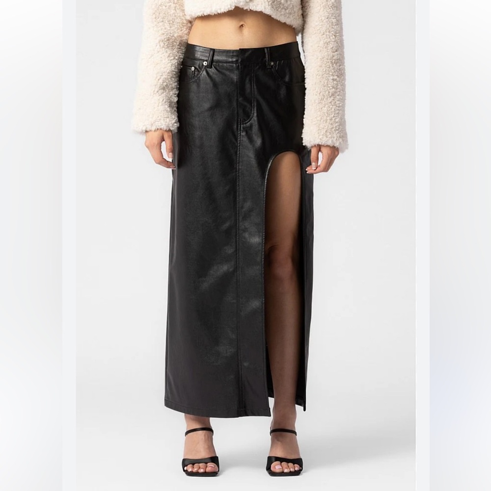 PRETTY GARBAGE Skirt Black Vegan Faux Leather Midi Side‎ Slit Size Small